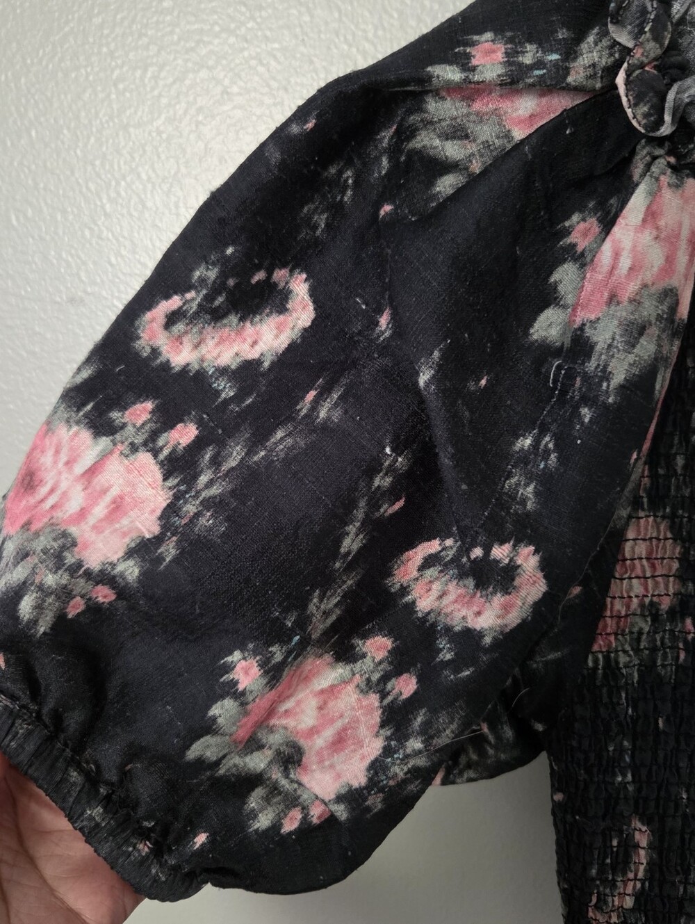 LoveShackFancy Women's Black Floral Smocked 100% Silk Boho Mini Dress Sz L - Picture 9 of 13